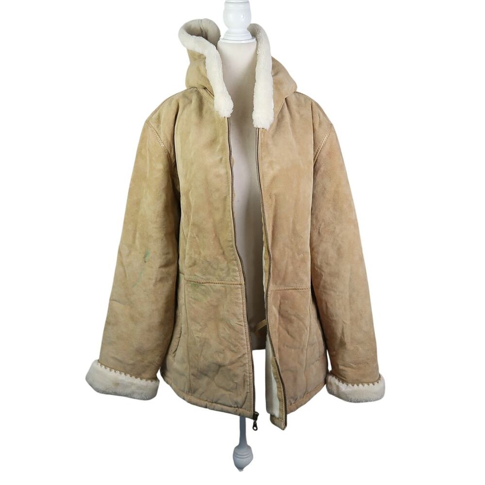 Vintage Fabio Tan Suede Leather Faux Fur Lined Hooded Jacket XL